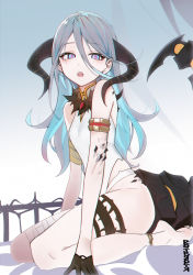 Rule 34 | 1girl, anklet, armlet, artist name, bad id, bad pixiv id, bandaged leg, bandages, bare shoulders, barefoot, bed sheet, black gloves, blue eyes, breasts, colored inner hair, gloves, grey hair, hair between eyes, half gloves, highres, horns, jewelry, kneeling, leotard, light blush, long hair, looking at viewer, multicolored hair, open mouth, original, rqtkrqtk, sleeveless, small breasts, solo, tail, thigh strap, turtleneck, white leotard