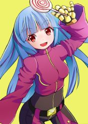 Rule 34 | 1girl, :d, arm up, belt, belt buckle, black belt, blue hair, blunt bangs, blush, brown pants, buckle, candy, commentary request, cropped jacket, food, gloves, head tilt, holding, holding candy, holding food, holding lollipop, jacket, kula diamond, lollipop, long hair, long sleeves, mamagogo (gomaep), open mouth, pants, purple jacket, red eyes, round teeth, simple background, smile, solo, swirl lollipop, teeth, the king of fighters, upper teeth only, very long hair, wide sleeves, yellow background, yellow gloves