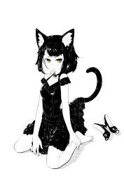 Rule 34 | 1girl, animal ear fluff, animal ears, barefoot, cat ears, cat tail, choker, closed mouth, dress, frilled dress, frills, greyscale, jaco, lifted by tail, looking at viewer, monochrome, original, shoes, unworn shoes, short hair, simple background, sitting, solo, spot color, tail, wariza, white background, yellow eyes