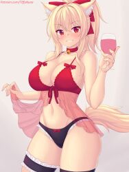 Rule 34 | animal ears, babydoll, bare arms, bare shoulders, bell, black panties, blonde hair, blush, breasts, cat ears, cat girl, cat tail, choker, cleavage, collarbone, commentary, cup, english commentary, grey background, hair ornament, highres, holding, holding cup, large breasts, lingerie, long hair, looking at viewer, navel, neck bell, nottytiffy, original, panties, parted lips, patreon username, ponytail, red babydoll, red choker, red eyes, simple background, slit pupils, solo, tail, thigh strap, thighs, tiffy (nottytiffy), underwear