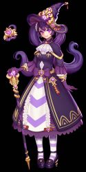 Rule 34 | 1girl, absurdres, black background, black footwear, bow, cane, dress, frills, gem, genderswap, genderswap (mtf), gloves, glowing, hat, high heels, highres, holding, holding cane, kokoala, league of legends, long hair, pantyhose, parted lips, purple bow, purple dress, purple eyes, purple gloves, purple hair, purple hat, purple theme, simple background, smile, solo, standing, striped clothes, striped legwear, striped pantyhose, twintails, vel&#039;koz, witch hat