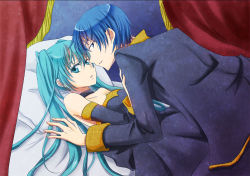 Rule 34 | 1boy, 1girl, aqua eyes, aqua hair, aruhina, bed, blue eyes, blue hair, canopy bed, cantarella (vocaloid), choker, couple, detached sleeves, dress, formal, hatsune miku, hetero, imminent kiss, kaito (vocaloid), long hair, lying, on back, pillow, strapless, strapless dress, twintails, vocaloid, walk-in