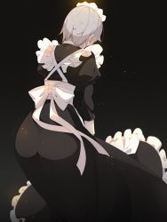 Rule 34 | 1girl, apron, ass, black background, black dress, denken, dress, facing away, feet out of frame, frills, from behind, grey hair, highres, juliet sleeves, light particles, long sleeves, maid, maid apron, maid headdress, original, puffy sleeves, short hair, simple background, solo, standing, white apron