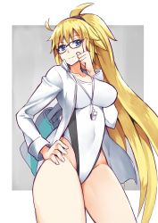 Rule 34 | 1girl, blonde hair, blue eyes, breasts, closed mouth, collarbone, competition swimsuit, fate/grand order, fate (series), glasses, groin, highres, jeanne d&#039;arc (fate), jeanne d&#039;arc (ruler) (fate), jeanne d&#039;arc (swimsuit archer) (fate), jeanne d&#039;arc (swimsuit archer) (second ascension) (fate), large breasts, long hair, looking at viewer, nac000, one-piece swimsuit, ponytail, simple background, smile, solo, swimsuit, very long hair, whistle