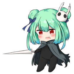 Rule 34 | 1girl, bailingxiao jiu, black bodysuit, black cloak, blue bow, blue flower, blush, bodysuit, bow, cloak, commentary request, double bun, fang, flower, full body, green hair, hair between eyes, hair bow, hair bun, hair flower, hair ornament, holding, holding weapon, hollow knight, hololive, knight (hollow knight), long hair, open mouth, red eyes, simple background, solo, standing, uruha rushia, virtual youtuber, weapon, white background