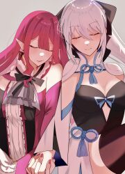Rule 34 | 2girls, absurdres, baobhan sith (fate), baobhan sith (first ascension) (fate), bare shoulders, black bow, black dress, blush, bow, breasts, cleavage, closed eyes, detached sleeves, dress, earrings, fate/grand order, fate (series), grey background, hair bow, highres, holding hands, jewelry, leaning on person, long hair, mabotofu maki, morgan le fay (fate), mother and daughter, multiple girls, nail polish, open mouth, pink dress, pink hair, pointy ears, ponytail, saliva, sitting, sleeping, white dress, white hair