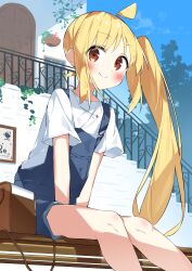 Rule 34 | 1girl, absurdres, ahoge, blonde hair, blue overalls, blush, bocchi the rock!, closed mouth, commentary request, day, feet out of frame, highres, ijichi nijika, long hair, one side up, outdoors, overalls, red eyes, shirt, short sleeves, sitting, smile, solo, suta0822, white shirt