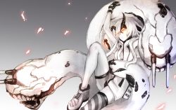 Rule 34 | 10s, 1girl, abyssal ship, asymmetrical legwear, bad id, bad pixiv id, breasts, cleavage, commentary request, gloves, heavy cruiser princess, hood, hoodie, horns, kantai collection, leaning back, open clothes, shoes, short hair, sitting, sleeveless, sleeveless hoodie, sneakers, solo, striped clothes, striped thighhighs, teeth, thighhighs, uneven legwear, weasel (close-to-the-edge), white eyes, white hair
