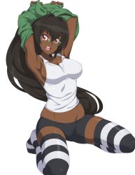 Rule 34 | 1girl, absurdres, arms behind head, arms up, artist name, bike shorts, black hair, black thighhighs, blush, breasts, chuunioniika, cleavage, commission, dark-skinned female, dark skin, highres, large breasts, long hair, looking at viewer, open mouth, original, red eyes, seiza, sitting, smile, solo, striped clothes, striped thighhighs, tank top, teeth, thighhighs, transparent background, twitter username, undressing, upper teeth only, very long hair, white thighhighs
