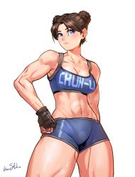 Rule 34 | 1girl, alternate costume, alternate eye color, arm at side, bike shorts, black gloves, blue eyes, blue shorts, blue sports bra, breasts, brown hair, cameltoe, capcom, character name, chun-li, cleavage, clothes writing, commentary, cowboy shot, double bun, english commentary, fingerless gloves, gloves, hair bun, hand on own hip, highres, kums studio, linea alba, midriff, mixed martial arts, muscular, muscular female, navel, short hair, shorts, solo, sports bra, standing, street fighter, sweat, thick thighs, thighs, white background