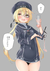 Rule 34 | 1girl, bad id, bad twitter id, black dress, black hat, black sailor collar, blonde hair, cosplay, dress, ebifurya, grey background, hair between eyes, hat, highres, inactive account, kantai collection, long hair, long sleeves, low twintails, open mouth, sailor collar, sailor dress, sailor hat, satsuki (kancolle), simple background, solo, speech bubble, teeth, thighs, translation request, twintails, very long hair, yellow background, z3 max schultz (kancolle), z3 max schultz (kancolle) (cosplay)