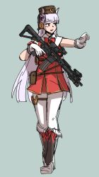 Rule 34 | 1girl, :d, animal ears, ar-15, boots, bow, full body, gold ship (umamusume), green background, gun, hair bow, highres, holding, holding gun, holding weapon, horse ears, horse girl, knee boots, long hair, open mouth, pants, pillbox hat, purple eyes, purple hair, red shirt, rifle, sharpy (kdy000913), shirt, simple background, sketch, sleeveless, sleeveless shirt, smile, solo, standing, trigger discipline, umamusume, weapon, white footwear, white pants