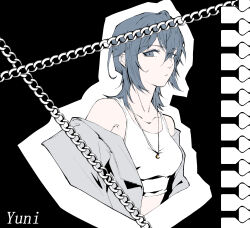 Rule 34 | 1girl, absurdres, asahina yuni, bare shoulders, black background, blue eyes, blue hair, character name, chinese commentary, collarbone, commentary request, crop top, cropped torso, earclip, grey jacket, hair between eyes, haoxiangkan nutong, highres, jacket, jewelry, kyou wa kanojo ga inai kara, looking at viewer, medium hair, midriff, necklace, off shoulder, open clothes, open jacket, outline, parted lips, sidelocks, solo, tank top, upper body, white outline, white tank top, wolf cut