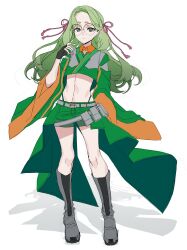 Rule 34 | 1girl, absurdres, asanagi obi, belt pouch, black gloves, boots, closed mouth, denonbu, full body, glasses, gloves, green eyes, green hair, green shirt, green shorts, grey footwear, hair ribbon, hand up, highres, kawachi rin, knee boots, long hair, long sleeves, looking at viewer, navel, pouch, ribbon, round eyewear, shirt, shorts, simple background, solo, standing, white background, wide sleeves