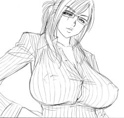 Rule 34 | 1girl, breasts, covered erect nipples, glasses, greyscale, large breasts, monochrome, shirt, solo, striped clothes, striped shirt, tatsunami youtoku, vertical-striped clothes, vertical-striped shirt