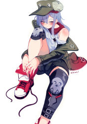 Rule 34 | 1girl, bandana, bare shoulders, black shorts, blush, closed mouth, commentary, g11 (girls&#039; frontline), girls&#039; frontline, green jacket, grey hair, hair between eyes, hat, highres, jacket, kani fish, knee pads, knee up, looking at viewer, off shoulder, shoes, short shorts, shorts, sidelocks, sitting, sneakers, solo, tank top, tying shoes, yellow eyes
