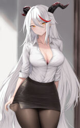 Rule 34 | 1girl, absurdres, aegir (azur lane), alternate costume, azur lane, black pantyhose, black skirt, breasts, cleavage, closed mouth, clothes pull, collared shirt, cowboy shot, hair between eyes, highres, horns, large breasts, long hair, looking at viewer, multicolored hair, office lady, pantyhose, pantyhose pull, pencil skirt, red hair, shirt, skirt, sleeves past elbows, solo, song-hwaryeong, streaked hair, very long hair, white hair, white shirt, yellow eyes
