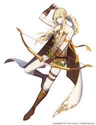 Rule 34 | 1boy, arm ribbon, arrow (projectile), belt, blonde hair, blue eyes, boots, bow (weapon), brown belt, brown footwear, brown gloves, brown shirt, cape, copyright notice, elf, fingerless gloves, full body, gloves, gold trim, green belt, holding, holding arrow, holding bow (weapon), holding weapon, jewelry, kai-ri-sei million arthur, kaku-san-sei million arthur, leaf necklace, looking at viewer, male focus, million arthur (series), official art, pants, pendant, pointy ears, ponytail, quiver, ribbon, shirt, shrug (clothing), simple background, smile, solo, srb7606, swept bangs, thigh belt, thigh strap, weapon, white background, white cape, white pants, yellow ribbon