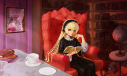 Rule 34 | 1girl, blunt bangs, book, chin strap, cup, gosick, gothic lolita, green eyes, highres, holding, holding book, indoors, lolita fashion, long hair, open book, picture frame, plate, room, saucer, sitting, solo, teacup, very long hair, victorica de blois