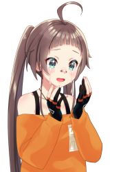Rule 34 | 1girl, ahoge, bandaid, bandaid on face, bandaid on nose, brown hair, crying, gloves, green eyes, highres, hololive, jewelry, long hair, long sleeves, natsuiro matsuri, natsuiro matsuri (gaming casual), necklace, off-shoulder shirt, off shoulder, open mouth, partially fingerless gloves, shirt, smile, solo, streaming tears, tears, twintails, upper body, very long hair, virtual youtuber, zabudog777