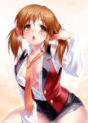 Rule 34 | 10s, 1girl, breasts, brown eyes, brown hair, chestnut mouth, cleavage, female focus, idolmaster, idolmaster cinderella girls, large breasts, necktie, open clothes, open mouth, open shirt, pencil skirt, royale style (idolmaster), scrunchie, shirt, skirt, smile, solo, totoki airi, twintails, zen
