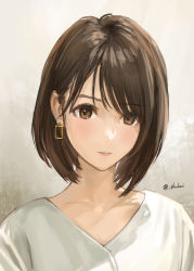Rule 34 | 1girl, black hair, brown eyes, collarbone, commentary request, earrings, highres, jewelry, looking at viewer, original, parted lips, shirt, shouhei, solo, twitter username, upper body, white shirt