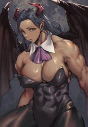 Rule 34 | 1girl, abs, bare shoulders, bat wings, biceps, black hair, black leotard, breasts, cleavage, collarbone, covered abs, covered navel, demon girl, demon horns, demon wings, detached collar, highleg, highleg leotard, highres, horns, large breasts, leotard, long hair, looking at viewer, mikel (4hands), muscular, muscular female, navel, obliques, open mouth, original, pantyhose, playboy bunny, pointy ears, solo, strapless, strapless leotard, wings, yellow eyes