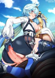 Rule 34 | 1boy, 1girl, aether (genshin impact), anus, ass, ass focus, back, black footwear, black hairband, black headband, blonde hair, blue hair, blush, boots, breasts, clothed sex, clothing cutout, erection, eula (genshin impact), feet, foreskin, from behind, genshin impact, girl on top, gloves, hair ornament, hairband, hand in another&#039;s hair, hand on another&#039;s head, headband, hetero, high-waist shorts, high heel boots, high heels, imminent penetration, large breasts, large penis, long sleeves, medium hair, multicolored eyes, neocoill, nipples, penis, pussy, shoes, shorts, shoulder cutout, thigh boots, thigh strap, thighhighs, thighs, uncensored
