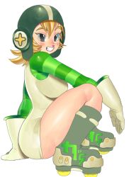 Rule 34 | 1girl, black eyes, blonde hair, blush, boots, breasts, gloves, grin, gum (jsr), guztavo mx, highres, jet set radio, knee boots, large breasts, long sleeves, looking at viewer, parted lips, simple background, smile, solo, teeth, thick thighs, thighs, white background, white gloves