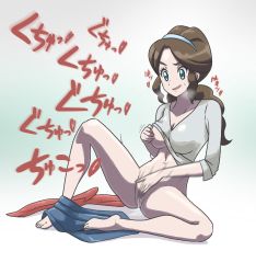 Rule 34 | 1girl, absurdres, aqua eyes, barefoot, blue hairband, breasts, brown hair, cleavage, clitoral stimulation, commentary request, creatures (company), eyelashes, feet, female masturbation, fingernails, full body, game freak, grabbing own breast, hairband, heart, highres, konomiminoko, long hair, looking down, masturbation, mature female, mother (pokemon), motion blur, motion lines, nintendo, open mouth, pokemon, pokemon bw, pussy juice, pussy juice puddle, shirt, sidelocks, sitting, solo, spread legs, sweat, toes, tongue, translation request, unova mother (bw), v-neck