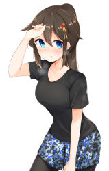 Rule 34 | 1girl, alternate costume, arm up, black pantyhose, black shirt, blue eyes, blush, breasts, brown hair, camouflage, camouflage shorts, casual, collarbone, hair between eyes, hair flaps, hair ornament, hand on own forehead, heavy breathing, highres, kantai collection, long hair, looking at viewer, medium breasts, pantyhose, pantyhose under shorts, parted lips, ponytail, sakikumo (sakumo), shigure (kancolle), shigure kai ni (kancolle), shirt, short shorts, short sleeves, shorts, sidelocks, simple background, solo, sweat, white background