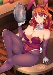 Rule 34 | 1girl, animal ears, bare shoulders, breasts, rabbit ears, celica (fire emblem), cleavage, curly hair, detached collar, earrings, elbow gloves, fake animal ears, fire emblem, fire emblem echoes: shadows of valentia, gloves, grin, holding, jewelry, large breasts, leotard, long hair, nintendo, pantyhose, parted lips, playboy bunny, red eyes, red hair, reflection, revolverwing, sitting, skin tight, smile, solo, table, white gloves