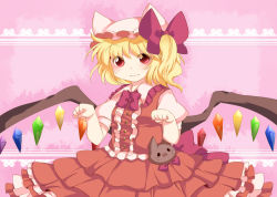 Rule 34 | 1girl, adapted costume, arms up, bad id, bad pixiv id, blonde hair, bow, bowtie, buttons, dress shirt, eyelashes, female focus, flandre scarlet, frills, frown, hair bow, hammer (sunset beach), hat, hat bow, hat with ears, lace, looking at viewer, outline, paw pose, pink background, red eyes, shirt, short hair, short sleeves, side ponytail, skirt, solo, striped, striped background, stuffed animal, stuffed toy, sweatdrop, touhou, vest, wings