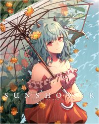 Rule 34 | 1girl, artist name, bare shoulders, black ribbon, breasts, brown flower, cleavage, closed mouth, collarbone, commentary, dress, english commentary, english text, flower, frilled dress, frills, green hair, hair flower, hair ornament, hen-tie, holding, holding umbrella, horns, looking at viewer, medium breasts, off-shoulder dress, off shoulder, original, pleated dress, rain, red dress, red eyes, ribbon, smile, solo, standing, transparent, transparent umbrella, umbrella