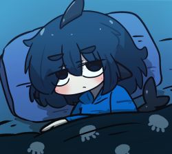 Rule 34 | 1girl, bed sheet, blanket, blue eyes, blue hair, blue hoodie, blush, chibi, closed mouth, commentary request, fins, fish tail, fuka-chan, hair between eyes, highres, hood, hood down, hoodie, long sleeves, looking at viewer, original, pajamas, pillow, shark tail, short eyebrows, solo, tail, thick eyebrows, under covers, uni souchou