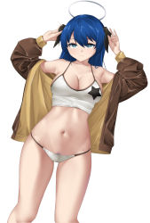 Rule 34 | 1girl, absurdres, arknights, bare shoulders, blue eyes, blue hair, breasts, brown jacket, camisole, casperrin, cleavage, commentary, cowboy shot, crop top, female pubic hair, halo, hands up, highres, horns, jacket, large breasts, long hair, looking at viewer, midriff, mostima (arknights), navel, off shoulder, official alternate costume, open clothes, open jacket, panties, pubic hair, pubic hair peek, simple background, smile, solo, spaghetti strap, standing, star (symbol), star print, stomach, thighs, underwear, white background, white panties