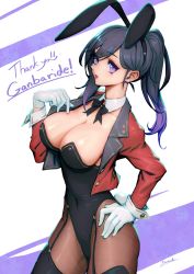 Rule 34 | 1girl, animal ears, black hair, black hairband, black leotard, breasts, cleavage, copyright request, cowboy shot, detached collar, earrings, english text, fake animal ears, gloves, gradient hair, hairband, hand on own hip, hand up, highres, jacket, jewelry, kionaoki, large breasts, leotard, long hair, long sleeves, multicolored hair, pantyhose, playboy bunny, purple eyes, purple hair, rabbit ears, red jacket, solo, strapless, strapless leotard, thank you, white gloves
