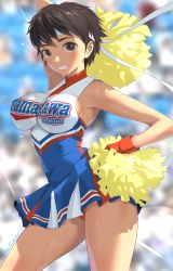 Rule 34 | 1girl, arm behind head, arm up, armpits, artist name, bare shoulders, blurry, blurry background, blush, breasts, brown eyes, brown hair, cacn, capcom, cheerleader, commentary request, dated, dress, gloves, hand on own hip, headband, highres, kasugano sakura, large breasts, lips, looking at viewer, panties, parted lips, pleated skirt, pom pom (cheerleading), red panties, shiny skin, short dress, short hair, signature, simple background, skirt, smile, street fighter, street fighter zero (series), sweat, sweatdrop, teeth, thighs, turtleneck, underwear