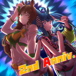 Rule 34 | 2girls, abs, ahoge, animal ears, anniversary, aqua hair, arm support, asymmetrical sleeves, belt, black nails, black ribbon, blue eyes, blue hair, brown hair, clothes writing, coat, commentary, cropped jacket, cropped shirt, emphasis lines, english commentary, foreshortening, green eyes, green shirt, grin, groin, hair ornament, hair ribbon, hairclip, hand on own head, hat, heterochromia, highres, horse ears, horse girl, jacket, long hair, long sleeves, looking at viewer, messy hair, midriff, mini hat, mini top hat, mr. c.b. (umamusume), multicolored coat, multicolored hair, multiple girls, ohmi-wisteria, one eye closed, pants, pointing, pointing at self, purple eyes, ribbon, sharp teeth, shirt, side-by-side, sidelocks, smile, standing, stuffed animal, stuffed rabbit, stuffed toy, teeth, thumbs up, tilted headwear, top hat, twin turbo (umamusume), twintails, two-tone hair, umamusume, v, white belt, white headwear, white jacket, white pants