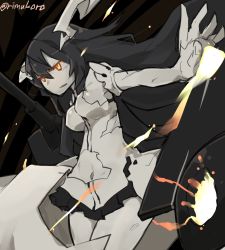 Rule 34 | 10s, 1girl, abyssal ship, anchorage water oni, bad id, bad twitter id, black hair, colored skin, dress, horns, kantai collection, long hair, orange eyes, rimukoro, solo, twitter username, white skin