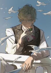 Rule 34 | 1boy, ace attorney, animal, bird, black vest, blonde hair, blue background, blue eyes, closed mouth, collared shirt, herlock sholmes, highres, holding, holding smoking pipe, liyuliyuzhou, long sleeves, male focus, neck ribbon, pink ribbon, ribbon, shirt, short hair, sketch, smoking pipe, solo, the great ace attorney, upper body, vest, white shirt