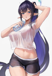 Rule 34 | 1girl, adjusting hair, alternate costume, arm up, bad tag, black hair, blue archive, blue eyes, blue hair, blush, bottle, breasts, chestnut mouth, colored inner hair, cowboy shot, eyeliner, halo, highres, large breasts, long hair, makeup, midriff, multicolored hair, nail polish, navel, no eyewear, pointy ears, ponytail, rin (blue archive), see-through, shirt, simple background, solo, stone (ksorede), very long hair, water bottle, wet, wet clothes, wet shirt, white background
