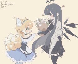 Rule 34 | 2girls, animal ear fluff, animal ears, arknights, black gloves, black hair, black halo, black skirt, black thighhighs, black wings, blue dress, blue hairband, blunt ends, blush, bouquet, braid, braided hair rings, character name, chinese commentary, clothing cutout, commentary request, copyright name, cowboy shot, daisy, dated, detached wings, dress, elbow gloves, fan shehui bei lun, flower, fox ears, fox girl, fox tail, frilled sleeves, frills, from side, gloves, green eyes, hair rings, hairband, halo, highres, holding, holding bouquet, jacket, kitsune, kyuubi, lily of the valley, long hair, multiple girls, multiple tails, open mouth, short sleeves, shoulder cutout, sidelocks, simple background, skirt, suzuran (arknights), tail, thighhighs, twin braids, virtuosa (arknights), white flower, white jacket, wings, yellow background