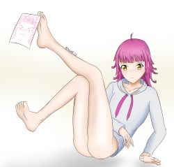Rule 34 | 1girl, analog heart (love live!), artist name, artist request, bare legs, barefoot, blunt bangs, blush, breasts, brown eyes, collarbone, drawstring, feet, female focus, flat chest, full body, highres, hood, hooded jacket, hoodie, jacket, knees up, legs up, long sleeves, looking at viewer, love live!, love live! nijigasaki high school idol club, love live! school idol festival, love live! school idol festival all stars, no legwear, no shoes, no skirt, parted lips, pink hair, short hair, sitting, small breasts, smile, solo, tennoji rina, white background, white hoodie, white jacket, yellow eyes