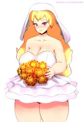 Rule 34 | 1girl, artist name, blonde hair, blush, breasts, cleavage, collarbone, curvy, deee, dress, flower, highres, large breasts, lips, long hair, looking at viewer, perkydee, purple eyes, rwby, shiny skin, smile, solo, thick thighs, thighs, veil, wedding dress, white background, white dress, yang xiao long