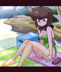 Rule 34 | 1girl, artist name, barefoot, beach, beach towel, black border, blunt bangs, blunt ends, bob cut, border, breasts, brown eyes, brown hair, bush, cleavage, collared shirt, commentary, cooler, dot mouth, expressionless, foliage, green one-piece swimsuit, hand on ground, headphones, headphones around neck, knees up, lens flare, letterboxed, log, looking ahead, looking down, lotion, medium breasts, on ground, one-piece swimsuit, pink towel, plaid towel, raised eyebrows, ranma 1/2, sand, shadow, shirt, short hair, signature, sitting, solo, sunscreen, swimsuit, tendou nabiki, toes, towel, tree, wanta (futoshi)