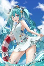 Rule 34 | 1girl, :d, absurdres, bikini, bikini under clothes, blue eyes, blue hair, blue sailor collar, breasts, commentary request, cowboy shot, day, dress, hair between eyes, hat, hatsune miku, highres, holding, holding swim ring, huge filesize, innertube, kongsi, korean commentary, long hair, looking at viewer, neckerchief, open mouth, sailor collar, sailor hat, sky, small breasts, smile, solo, swim ring, swimsuit, twintails, very long hair, vocaloid, wading, water, white dress, white neckerchief