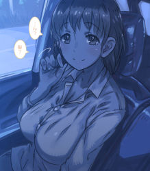 Rule 34 | 1girl, blue theme, breasts, brown eyes, brown hair, car, cleavage, female focus, kaqo, large breasts, looking at viewer, motor vehicle, pov, short hair, solo, translated, vehicle