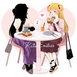 Rule 34 | 2girls, :t, bag, black hair, blonde hair, bow, brown bow, brown dress, cardigan, casual, chair, character name, closed eyes, coffee, cup, dating, dress, eating, emilico (shadows house), food, food on face, fried egg, fried egg on toast, full body, hair bow, hand up, handbag, hands up, head rest, heart, heart background, high heels, highres, holding, holding cup, holding food, jewelry, kate (shadows house), knife, long hair, multiple girls, musical note, necklace, okayuume10, plate, platform footwear, puffy short sleeves, puffy sleeves, purple bow, purple skirt, saucer, shadow (shadows house), shadows house, short sleeves, sitting, skirt, spoken heart, spoken musical note, table, toast, two side up, v-neck, white background