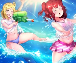 Rule 34 | 10s, 2girls, :d, absurdres, arm up, bikini, bikini under clothes, blonde hair, braid, breasts, cleavage, closed eyes, cloud, collarbone, commentary, english commentary, french braid, frilled bikini, frills, hair rings, highres, in water, kurosawa ruby, love live!, love live! sunshine!!, medium breasts, medium hair, midriff, multiple girls, navel, ocean, ohara mari, one-eyed, open mouth, outdoors, outstretched arms, pink bikini, purple bikini, red hair, shirt, short hair, short twintails, sidelocks, sky, smile, striped bikini, striped clothes, sunlight, swimsuit, tearing up, tears, teeth, thighs, tsumikiy, twintails, two side up, upper teeth only, wading, water, water drop, water gun, wet, wet clothes, wet shirt, yellow eyes
